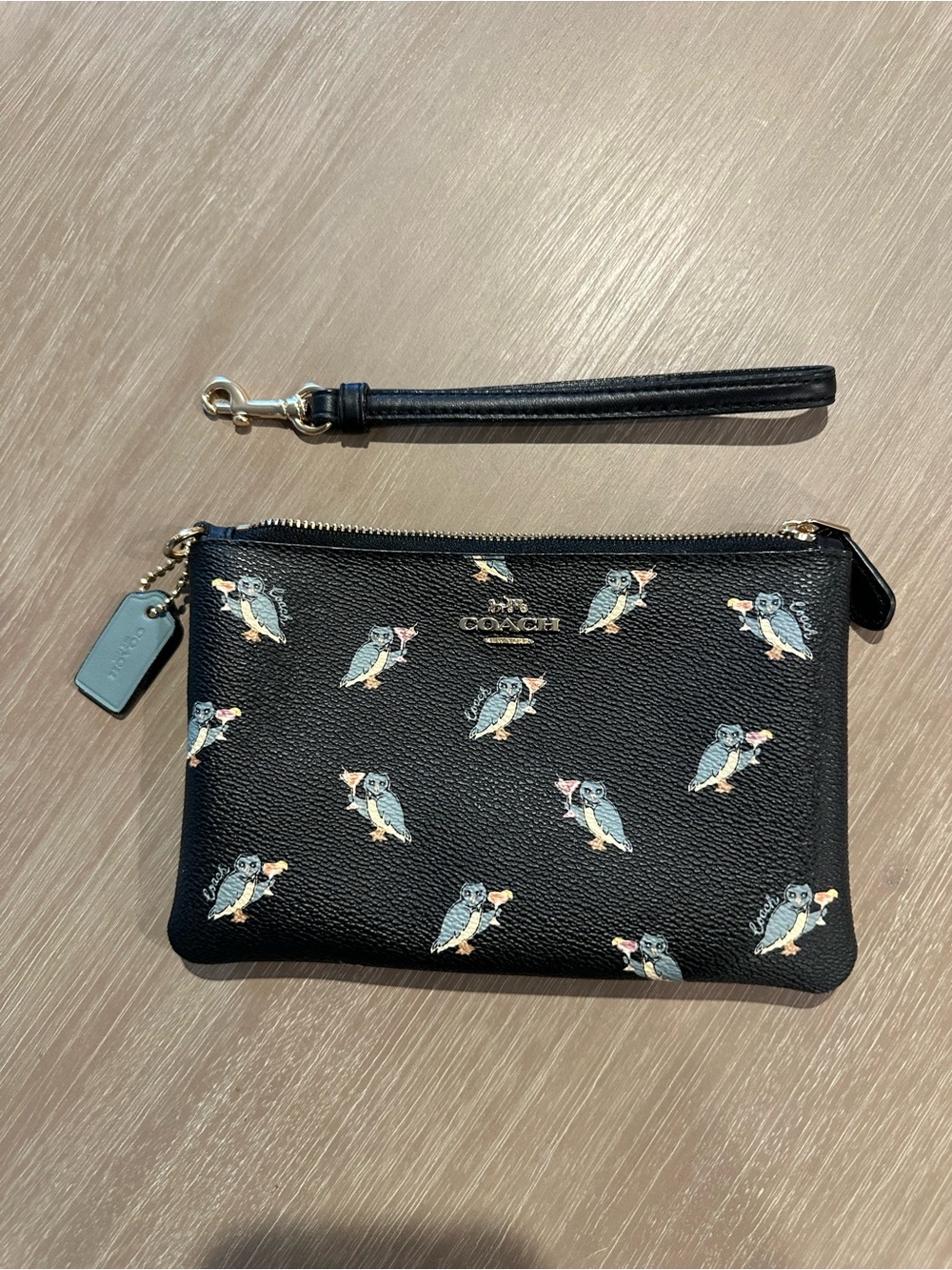 Coach Party Owl Owltini Black Leather Wristlet NWOT